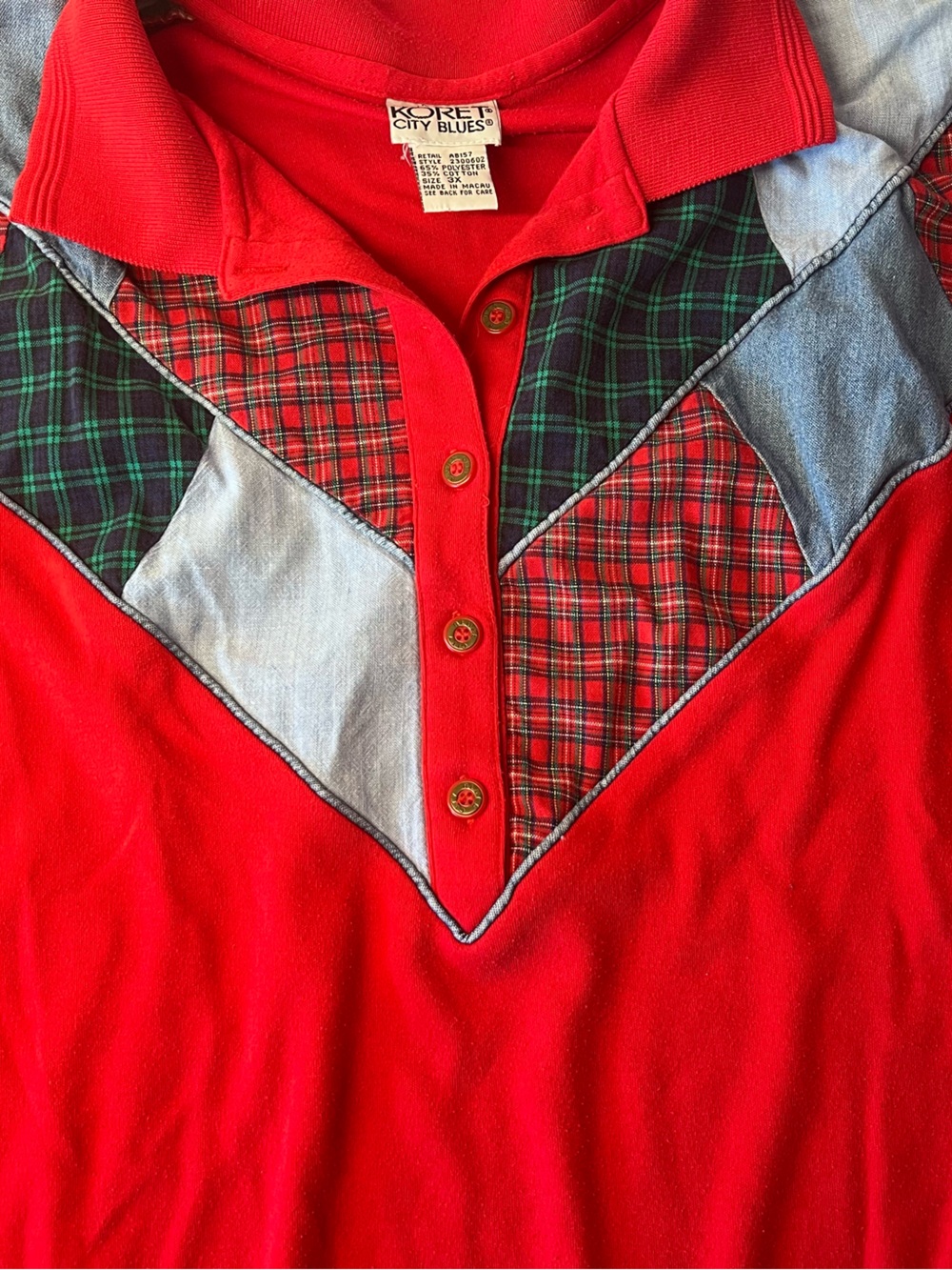 Koret Red Polo with Plaid & Denim-Inset Trim